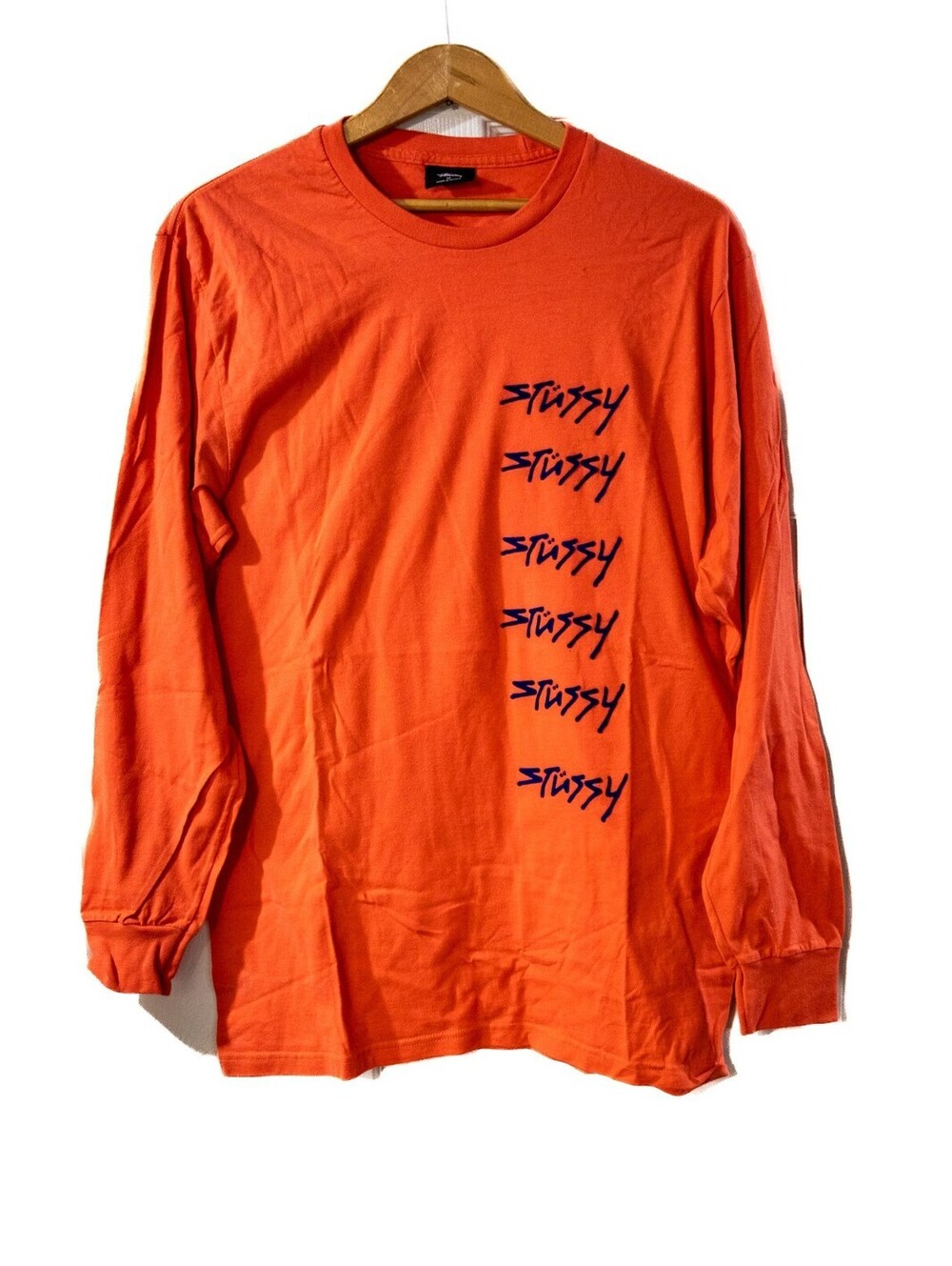 Stussy Mens Orange Long Sleeve T Shirt Crew Neck Graphic Print Streetwear Size M